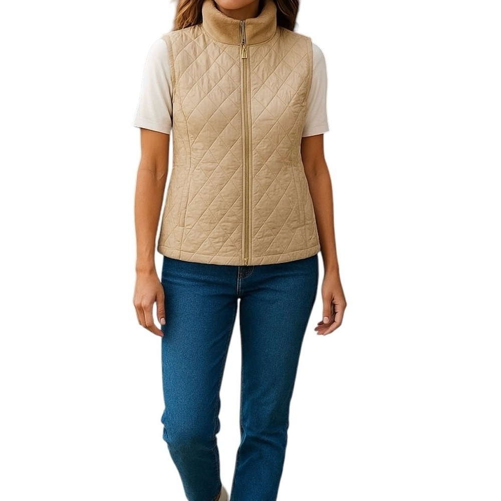 Ellen Tracy Quilted Embroidered Beige Sleeveless Vest Neutral Jacket Women Sz M